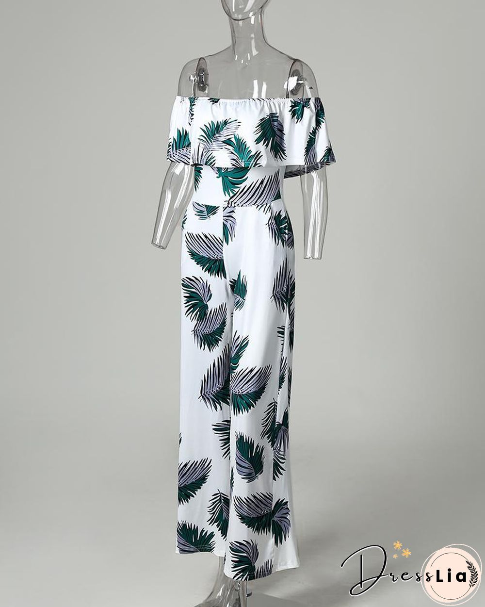 Fashion Print Frilled Off Shoulder Flared Jumpsuit P11647