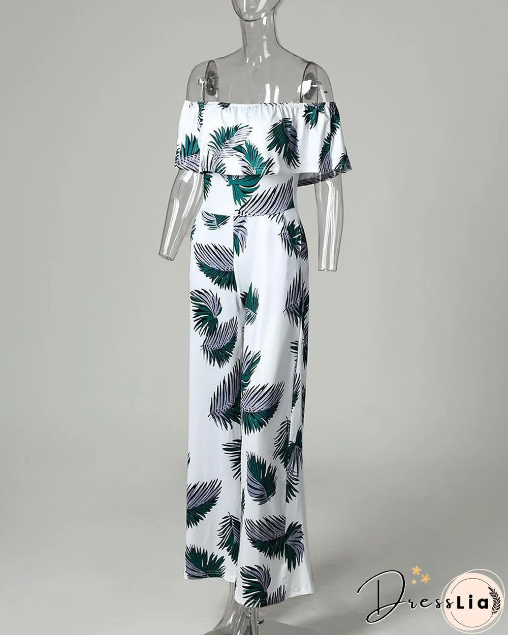 Fashion Print Frilled Off Shoulder Flared Jumpsuit P11647
