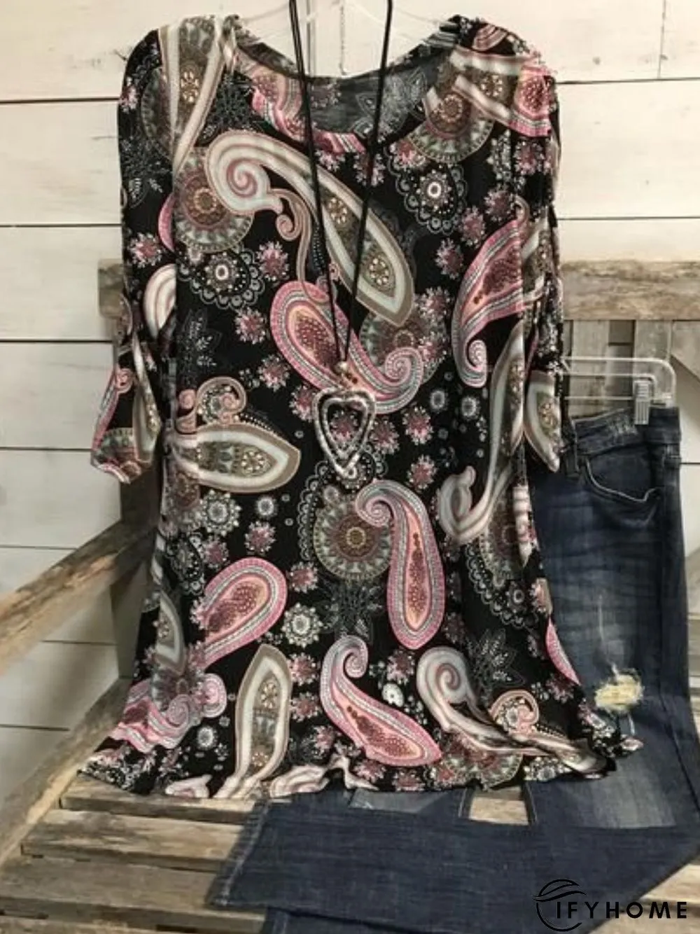 Casual 3/4 Sleeve Round Neck Printed Tunic Top | IFYHOME
