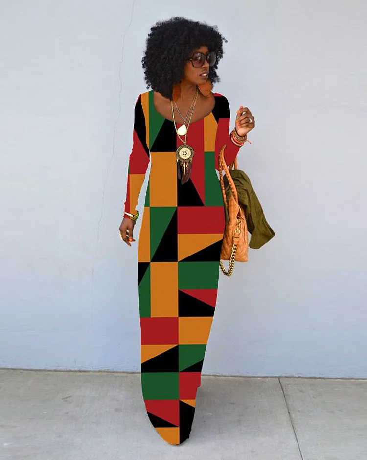 Black History Month Three Color Geometry Crew Neck Long Sleeve Dress