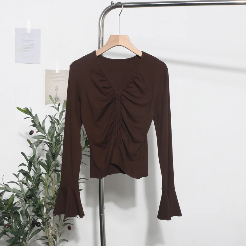 Uveng Real Shooting 2024 Autumn Dress Sexy V-Neck Folded Open Fork Short High-Waisted T-Shirt Horn Long Sleeve Bottom Top 161