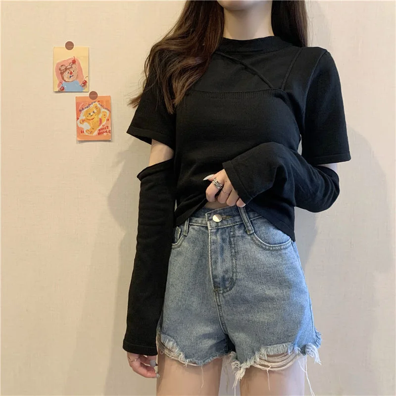 Toloer Toloer 2024 New Korean Wind Detachable Sleeve Knit T-Shirt Knit Sling Vest Wearing A Suit Schoolgirl-Outfit Ideas