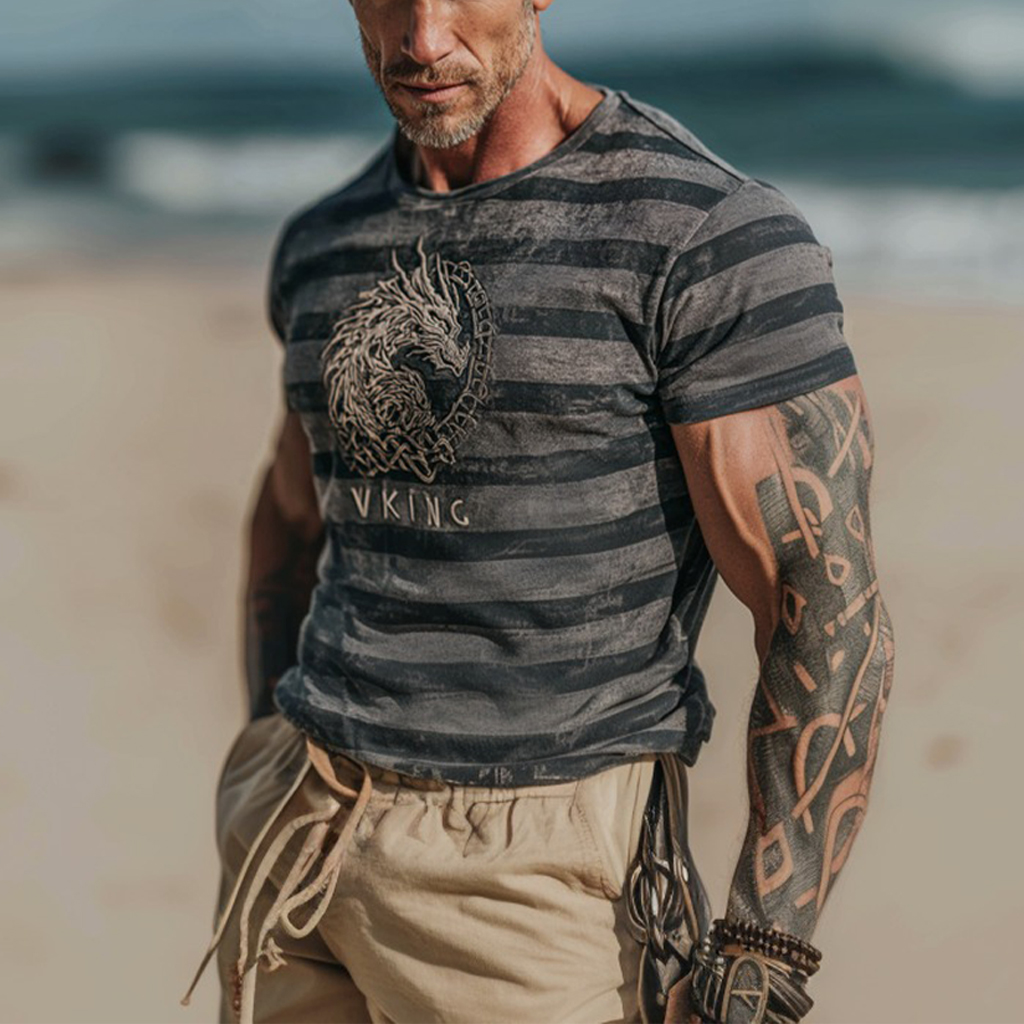 Comstylish Vintage Viking Celtic Dragon With Stripes Pattern Washed Tee