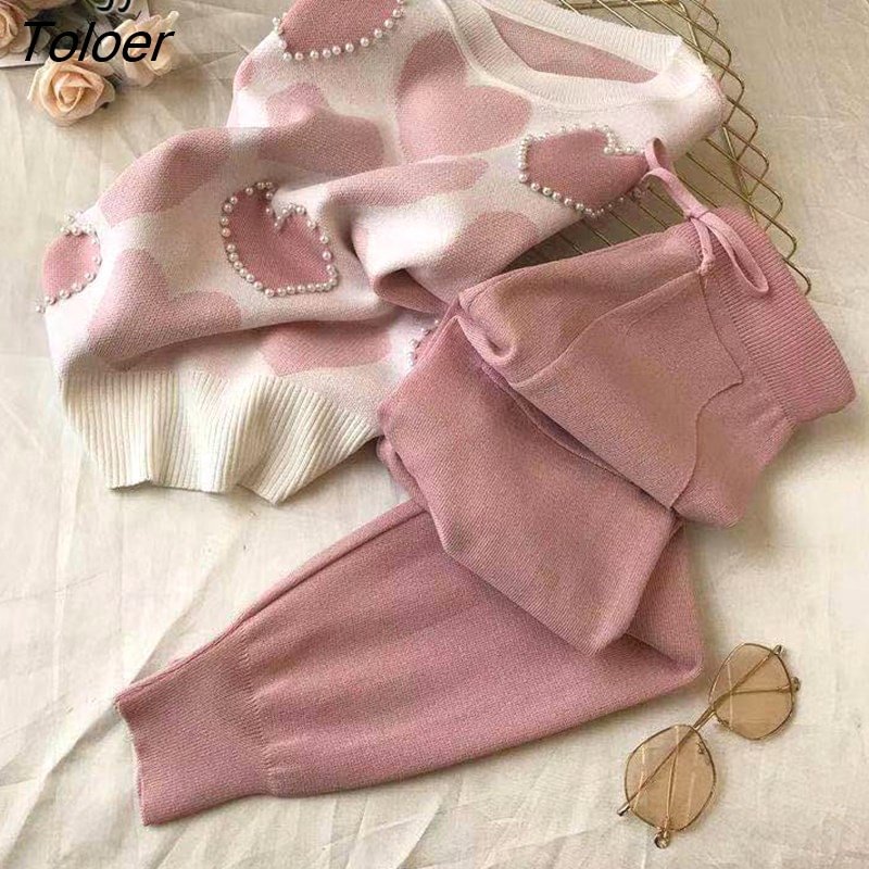 Toloer Love Printing Knitted 2 Piece Tracksuit Women Summer Short Sleeve Beading Sweater Female Tops+pants Pink Casual Tracksuit