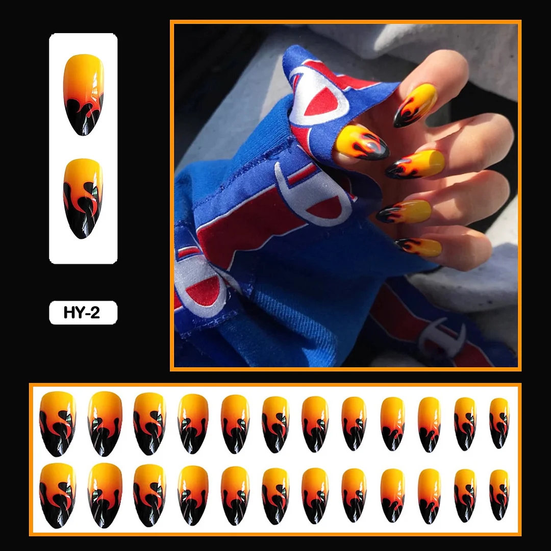 24PCS Dark Punk False Nails with Glue Gradient Long Detachable Fire Stick on Nails Skull Flame  Art DIY Fashion Manicure Tool-Nail Inspo