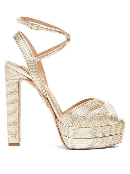 Gold Chunky Heel Platform Sandals with Cross-over Straps Vdcoo