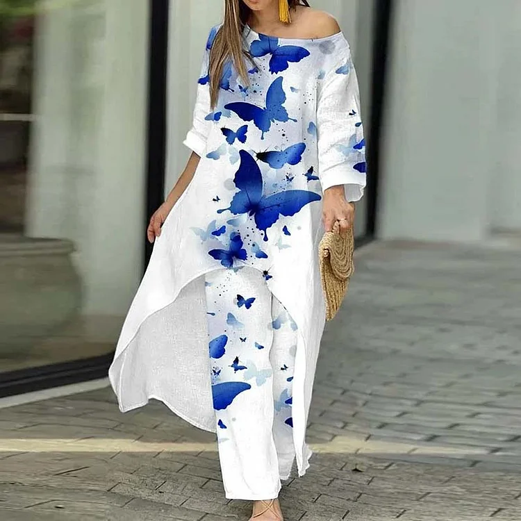 VChics Loose Crew Neck Midi Dress Pants Two-Piece Set