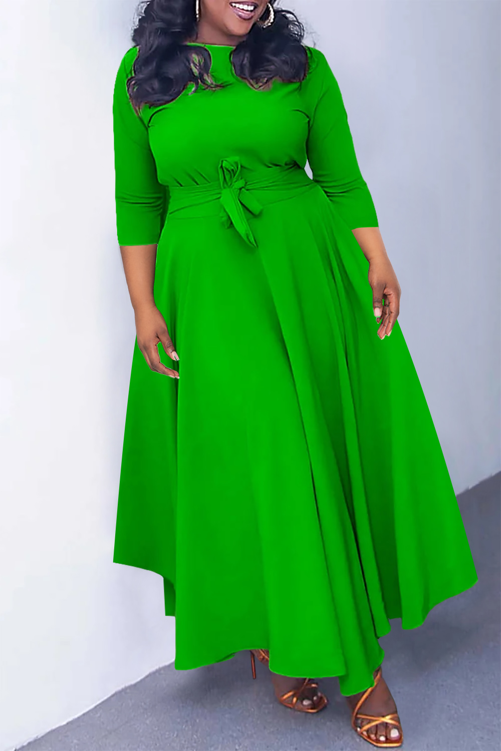 Plus Size Khaki Casual Round Neck Wrap Maxi Dress (Without Pockets)
