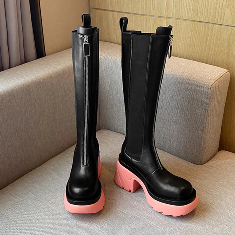 80mm Round Toe Thick-soled Front Zipper Boots-vocosishoes