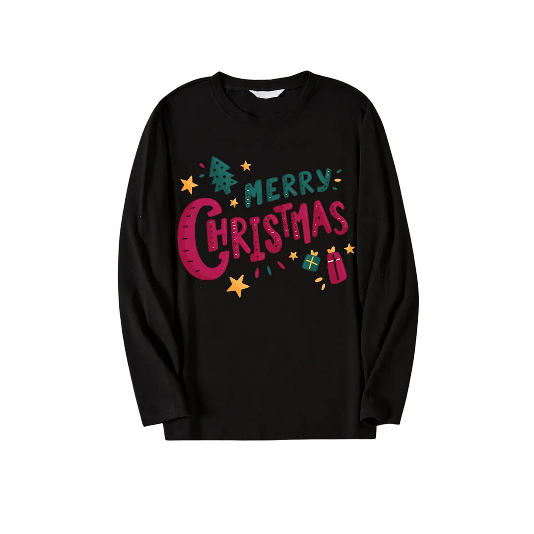 "Merry Christmas" With  Little Decorations - Black Top with Red & Green Plaid Pants Family Matching Pajama