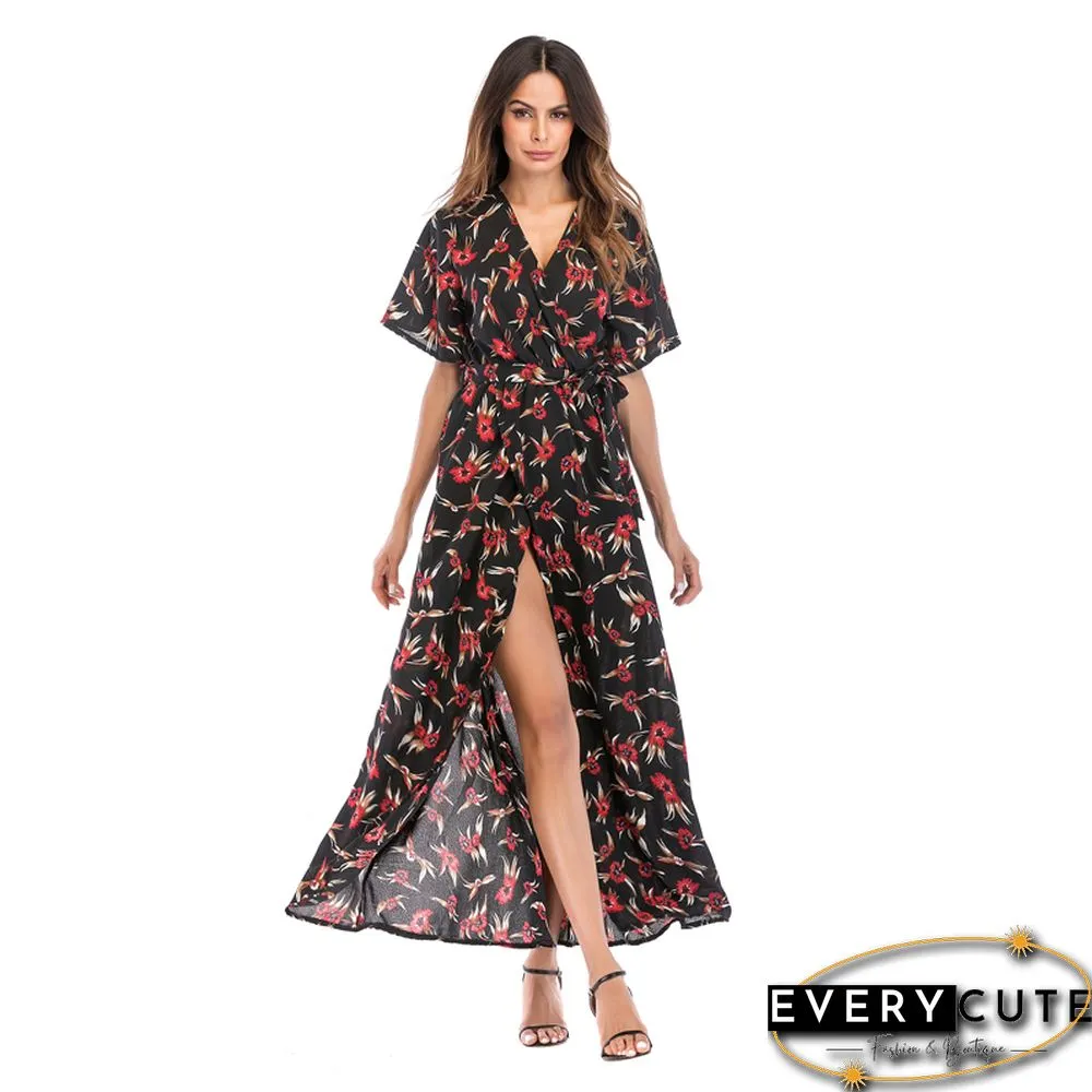 Rust Red Short Sleeve Foral Chiffon Boho Dress
