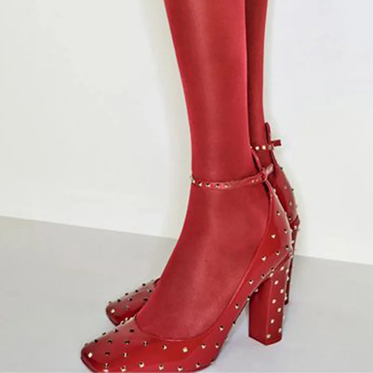 Red Square Toe Chunky Heel Women's Elegant Ankle Strap Patent Shoes Vintage Studs Pumps |FSJ Shoes