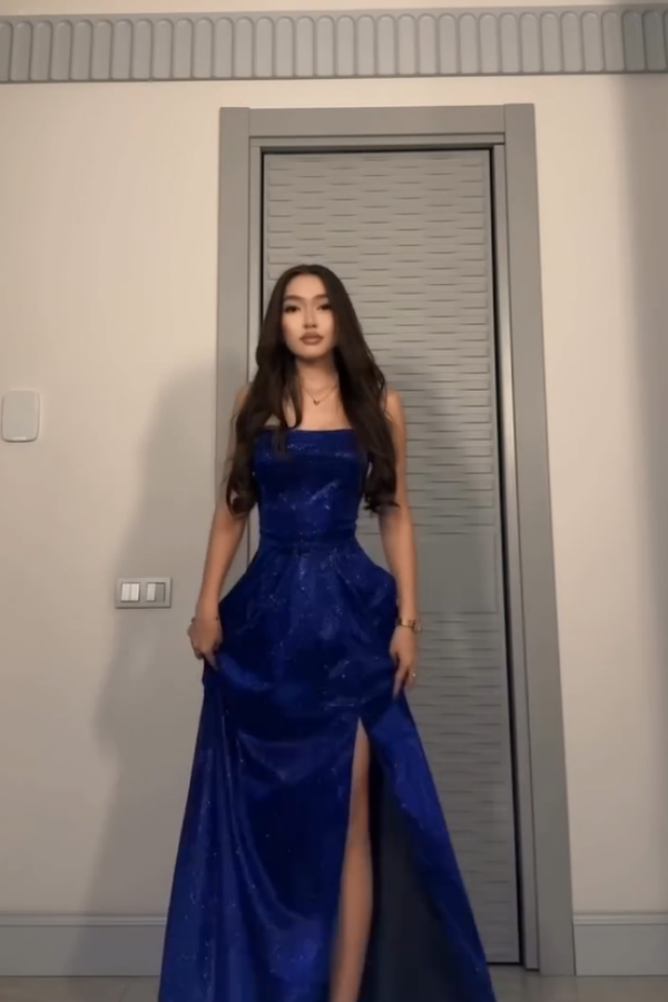 Royal Blue Flashing Spaghetti-Straps Split Prom Dress ZT0804