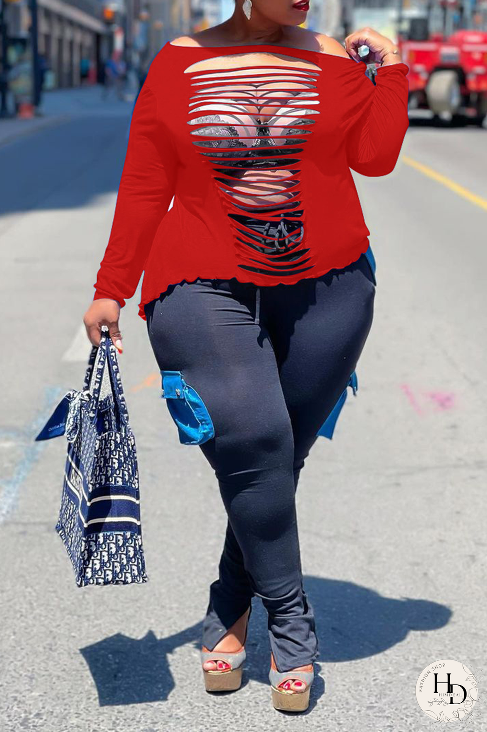 Tangerine Red Sexy Solid Ripped Off the Shoulder Plus Size Tops