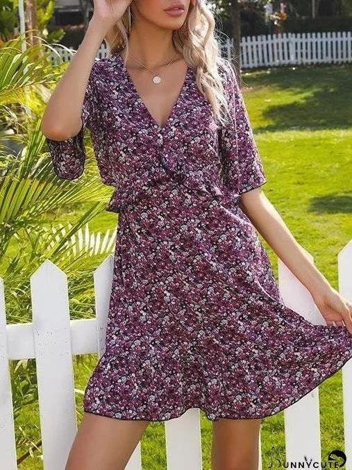 Floral V Neck Ruffled Cutout Backless Dress