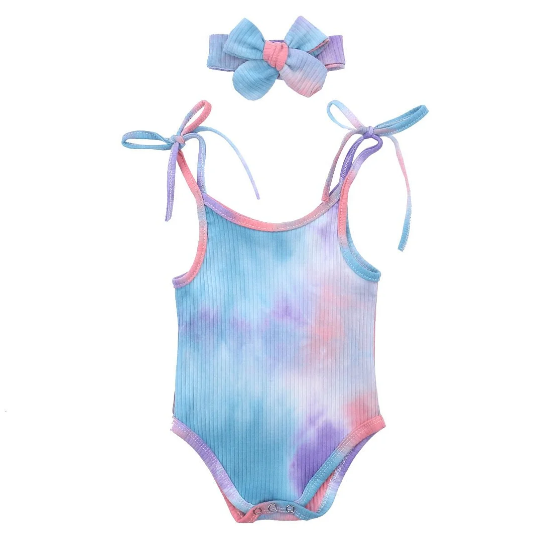 Infant Tie Dye Bodysuits Newborn Baby Girls Lace-up Playsuit Set Summer Fashion Casual Gradation Sling Jumpsuit + Headband 2Pcs