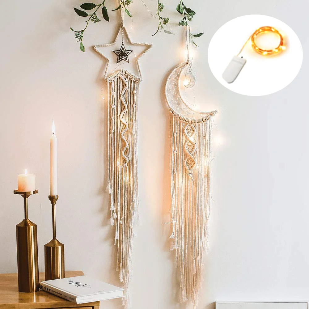 Moon Star Macrame Dream Catcher Wall Hanging Boho Room Decor Kids Girls Home Decoration With Led Light Gifts Dropshipping