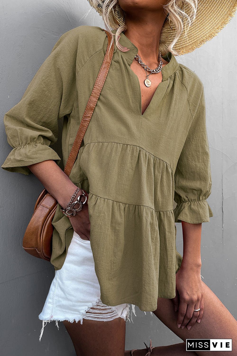 Casual Solid Flounce Fold V Neck Tops(5 Colors)