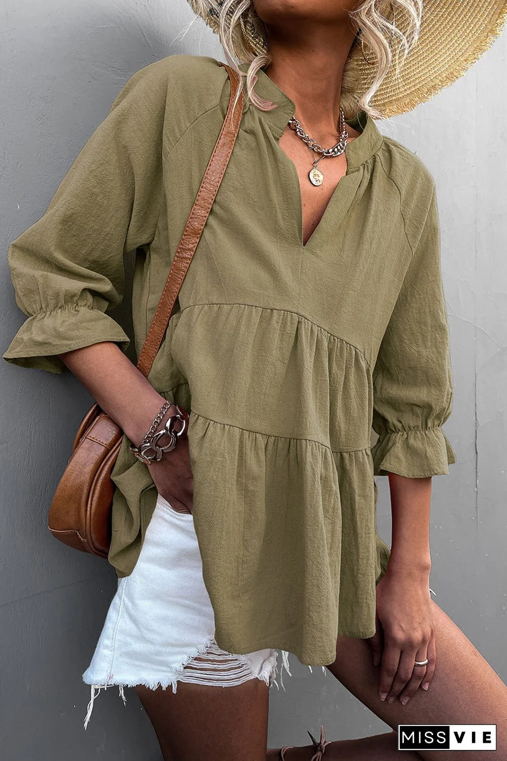 Casual Solid Flounce Fold V Neck Tops(5 Colors)