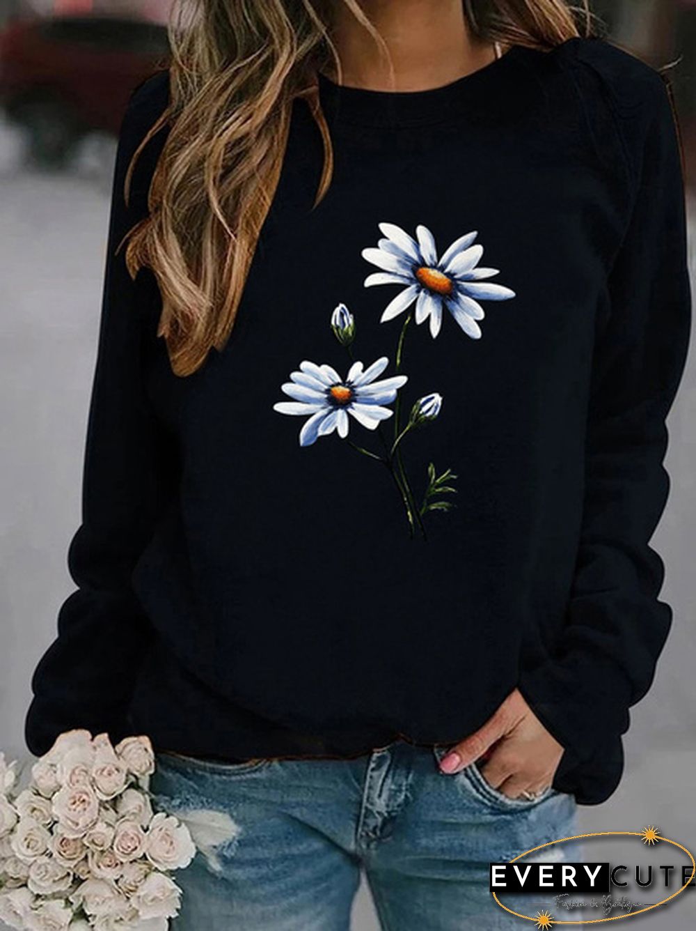 Womens Fashion Spring and Autumn Clothing Flower Print Casual Sweatshirt Long Sleeve