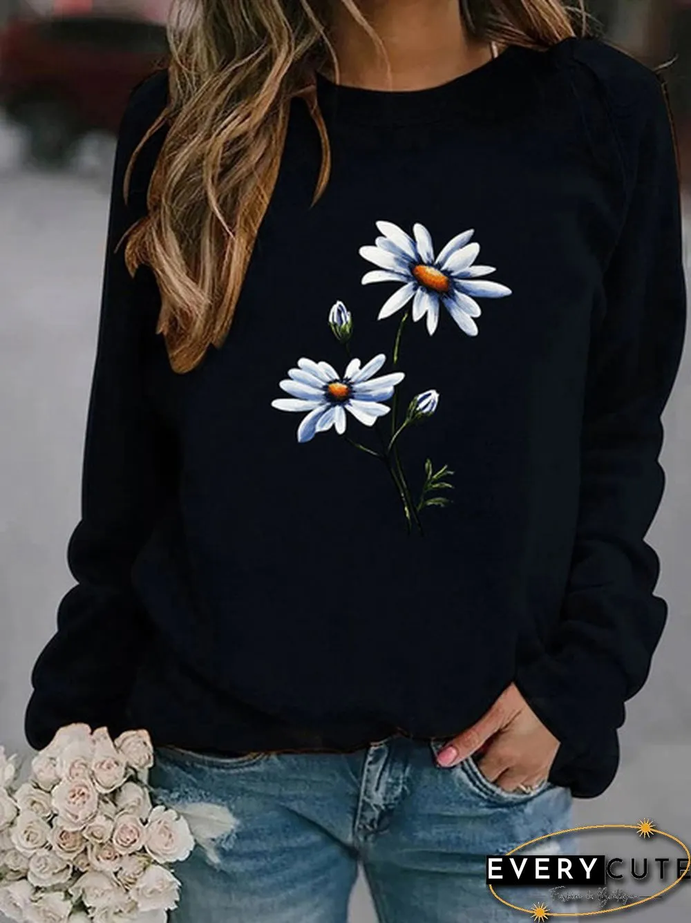 Womens Fashion Spring and Autumn Clothing Flower Print Casual Sweatshirt Long Sleeve