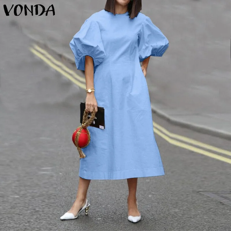 Mid-Calf Dress 2022 VONDA Woman Summer O Neck Short Lantern Sleeve Dresses Bohemian Party Vestidos Femme Mid-Calf Length Robes