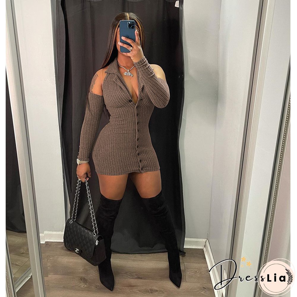 Autumn Ribbed Long Sleeve Lapel Bodycon Mini Dress