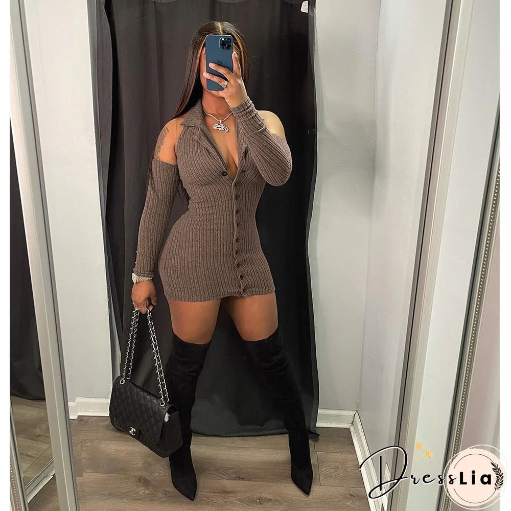 Autumn Ribbed Long Sleeve Lapel Bodycon Mini Dress
