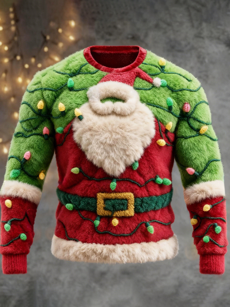 Christmas Lights & Santa Claus Design Men's Flannel Sweater elevenforest