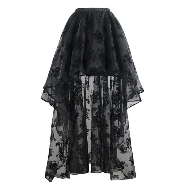 Steampunk Elastic Waist Flower Printed Front Short Back Long Skirt