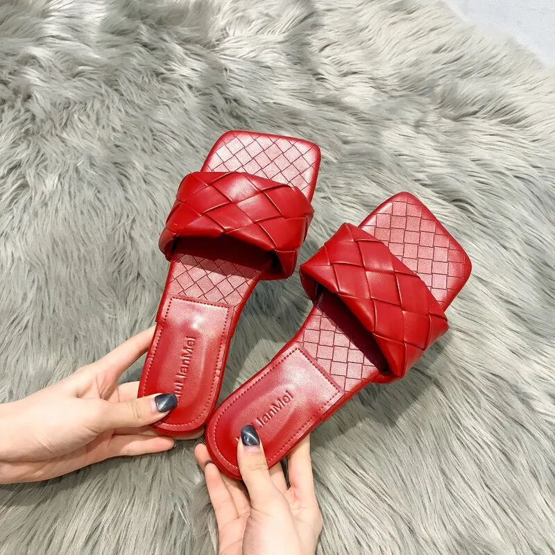Lucyever 2021 New Fashion Weaving Summer Slippers Women Casual Open Toe Flat Sandals Woman Comfortable Beach Slides flip flops