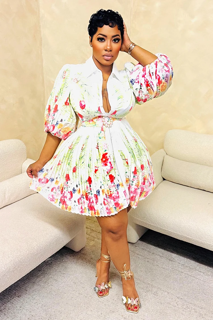 Floral Print 3/4 Sleeve Pleated Cinch Waist Mini Dresses-White