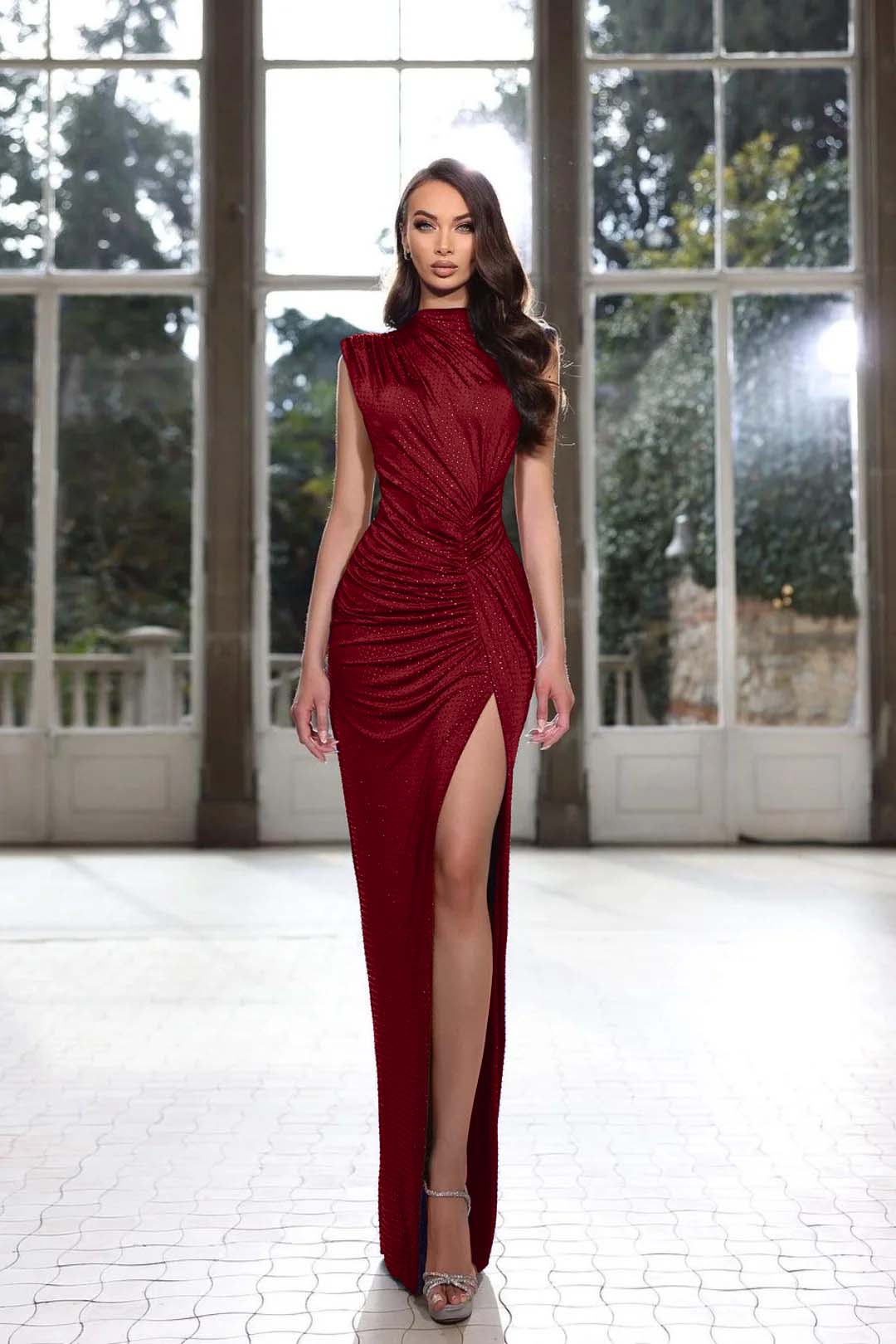Royal Blue High Neck High Slit Simple Prom Dress