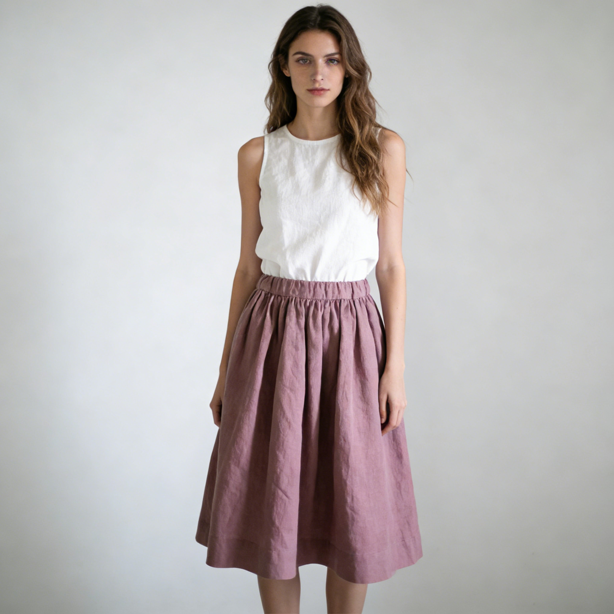 Linen Skirt Women 100% Linen Gathered Waist Midi Skirt REAL SILK LIFE