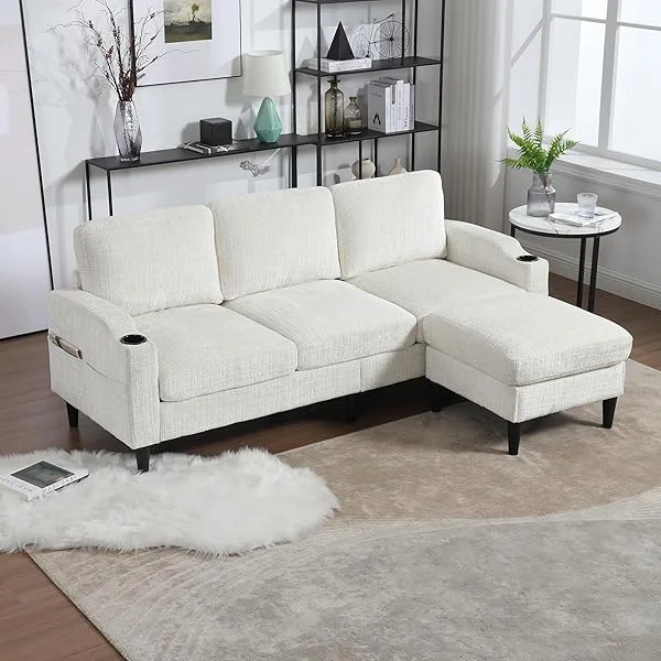 Convertible Sectional Sofa, 3 Seat L Shaped Sofa with Removable Pillows, Compact Spaces w/Reversible Ottoman Bench, Upholstered Sectional Couch for Living Room, Apartment, Dorm,Orange