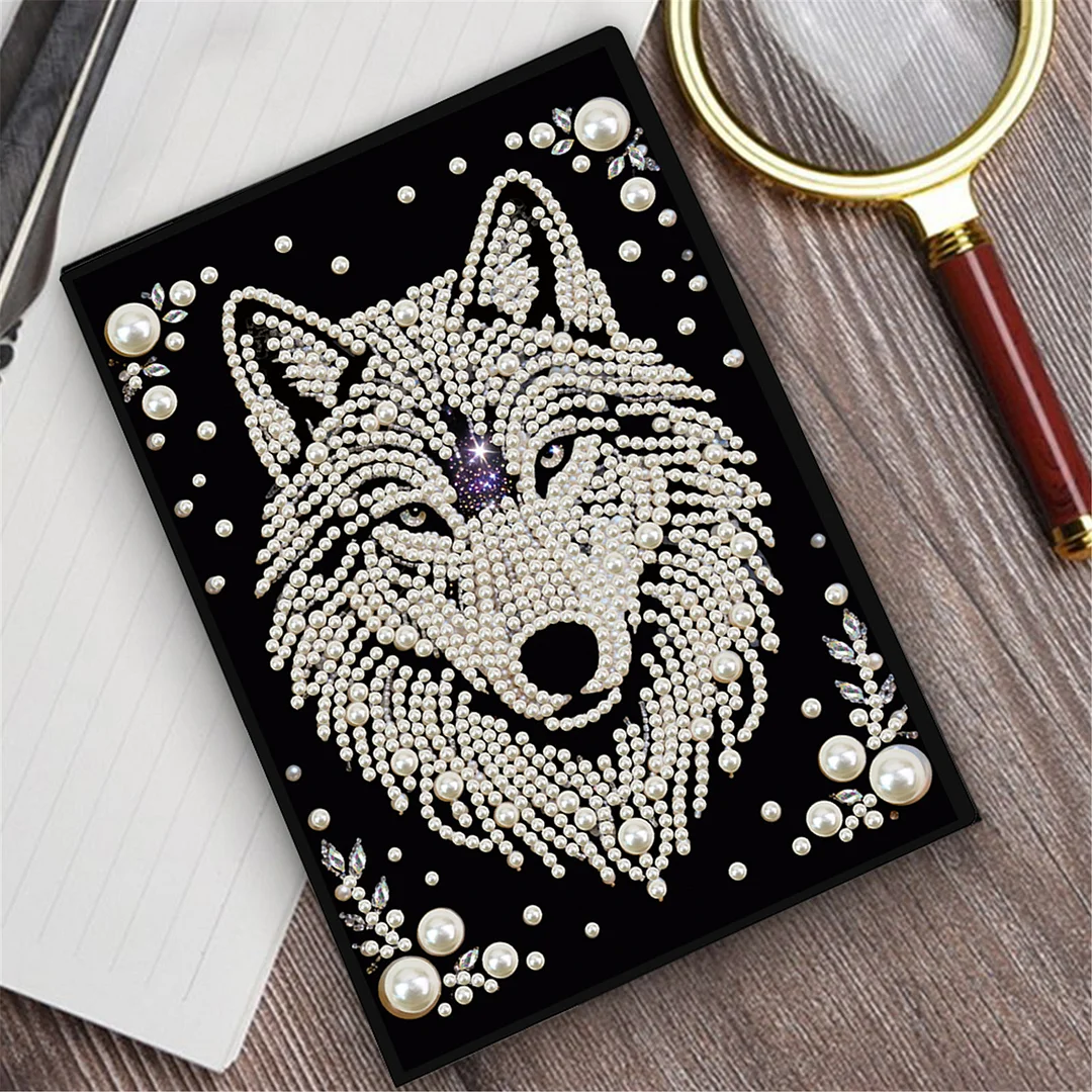 Wolves Partial Pearl DIY 50 Pages A5 Diamond Painting Notebook Special Shaped Diamond Art Diary Book Kits Wireless Strip 5D Crystal Art Paintings Sketchbook for Art Drawing