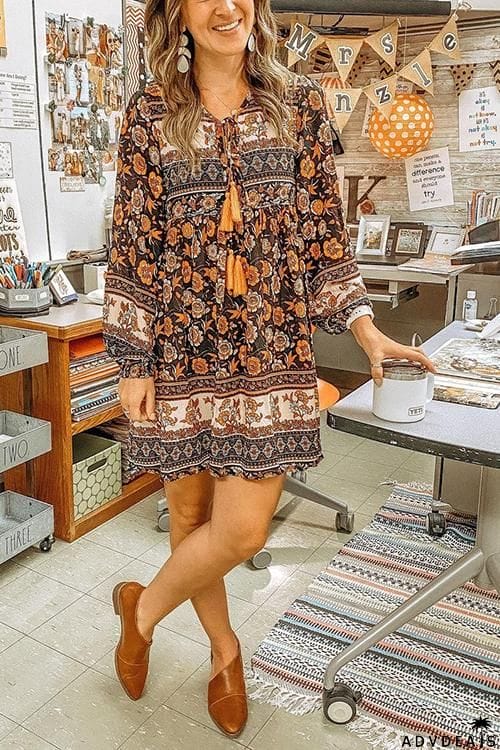 Floral Print Tassels Lace Up Long Sleeve Mini Dress