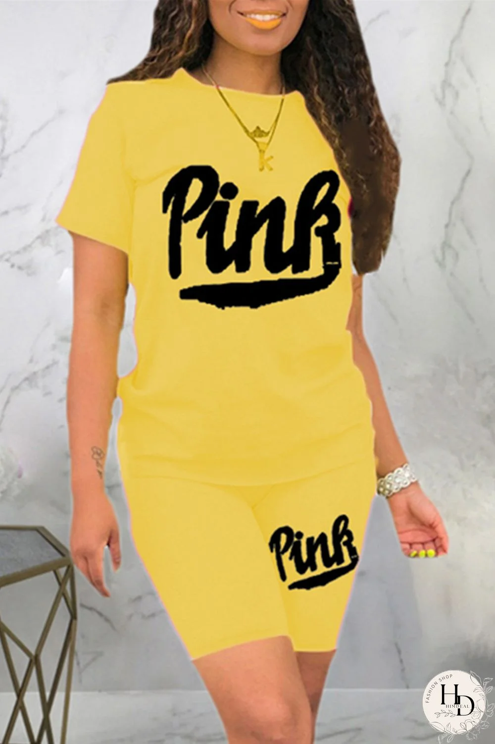 Black Fashion Casual Letter Print Basic O Neck Short Sleeve Two Pieces