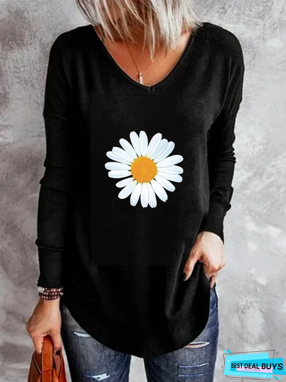 Long sleeve Floral V neck Black Tunic T-Shirt