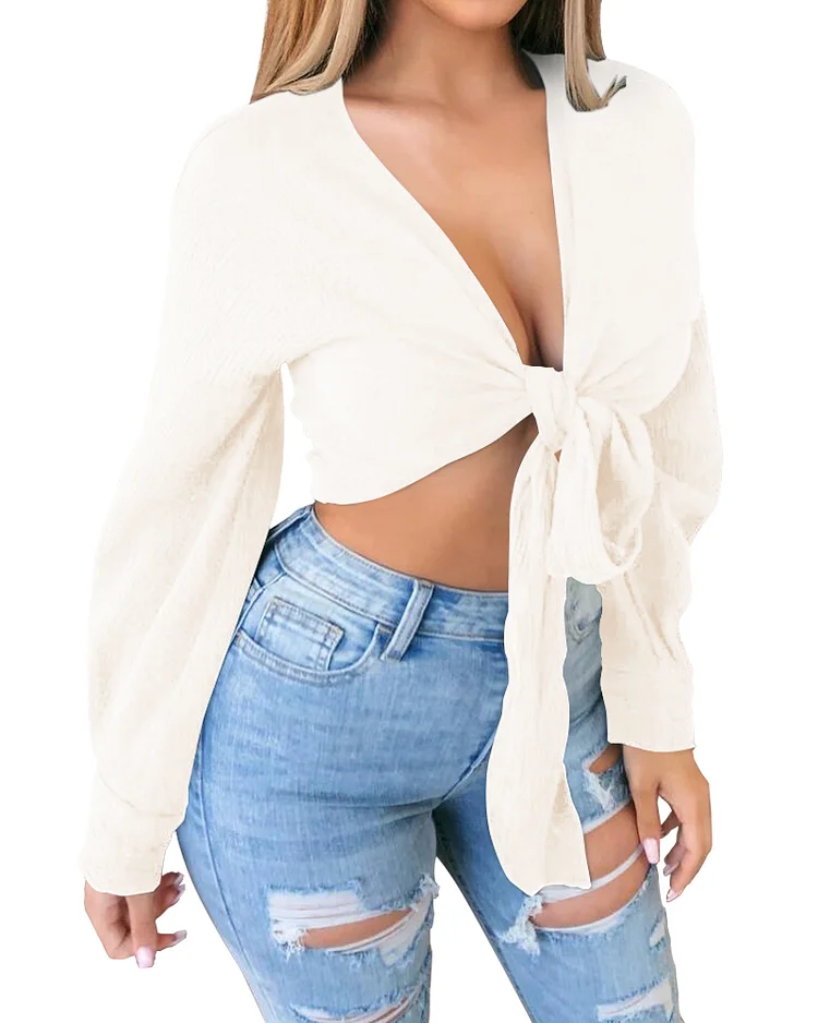 Women's Tie Front Crop Tops Sexy Deep V Neck Long Sleeve Blouse