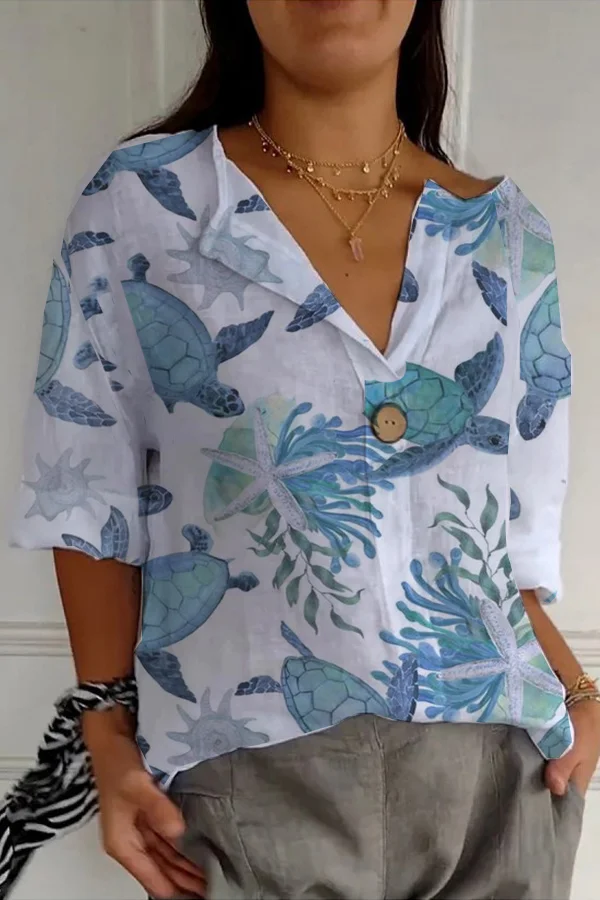 Women's Sea Turtle Ocean Art Lapel Neck Print T-Shirt