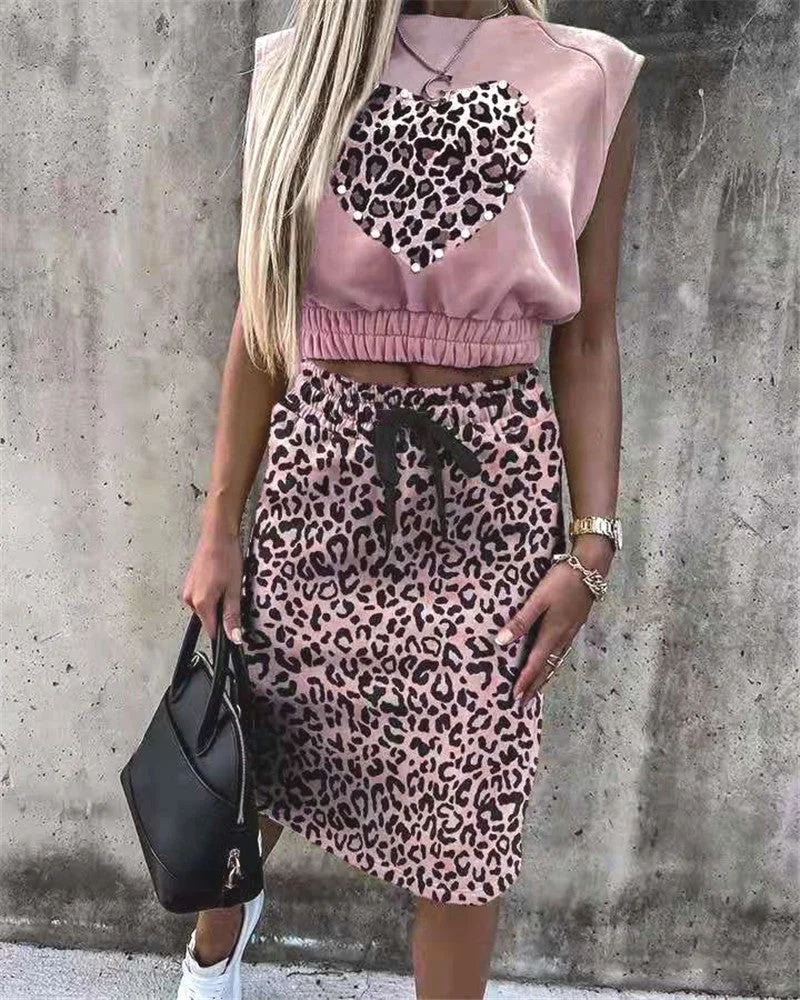 Women's Leopard Print Sleeveless Jacket Dress Two-piece Suit T-shirt | EGEMISS