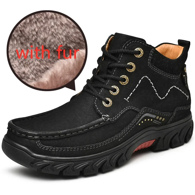 Men ankle Boots Fur Warm genuine Leather winter boots lace up Outdoor Walking Mountain waterproof plush men snow boots