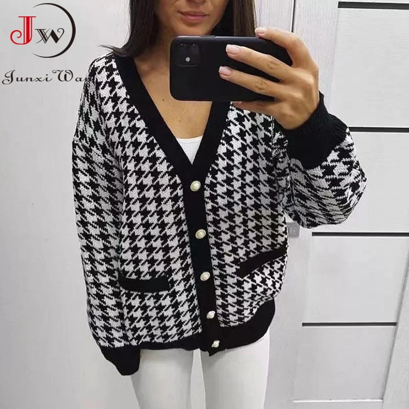 Fashion Houndstooth Women Cardigan Autumn Winter Elegant Knitted Sweater Black Long Sleeve Loose Single Breasted Outerwear