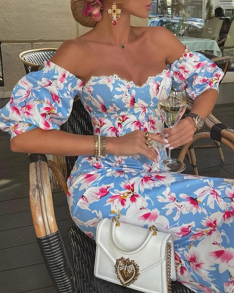 Printed Off-the-shoulder One-step Dress