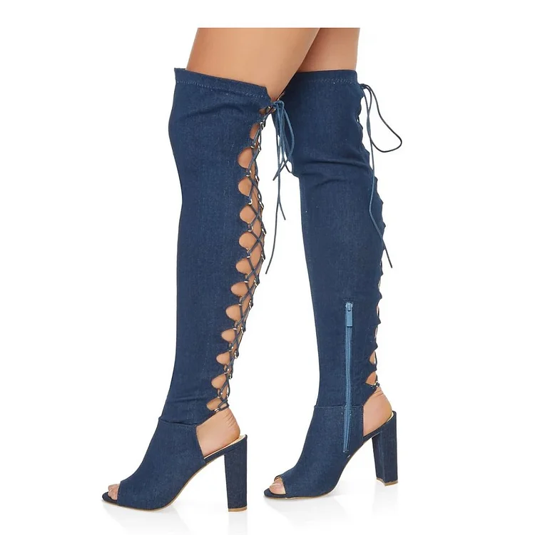 Blue Denim Peep Toe Lace Up Over-The-Knee Boots with Chunky Heels |FSJ Shoes