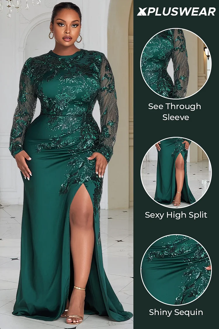 Xpluswear Design Plus Size Wedding Guest Green Round Neck Long Sleeve Split Elegant See Through Sequin Maxi Dresses [Pre-Order]