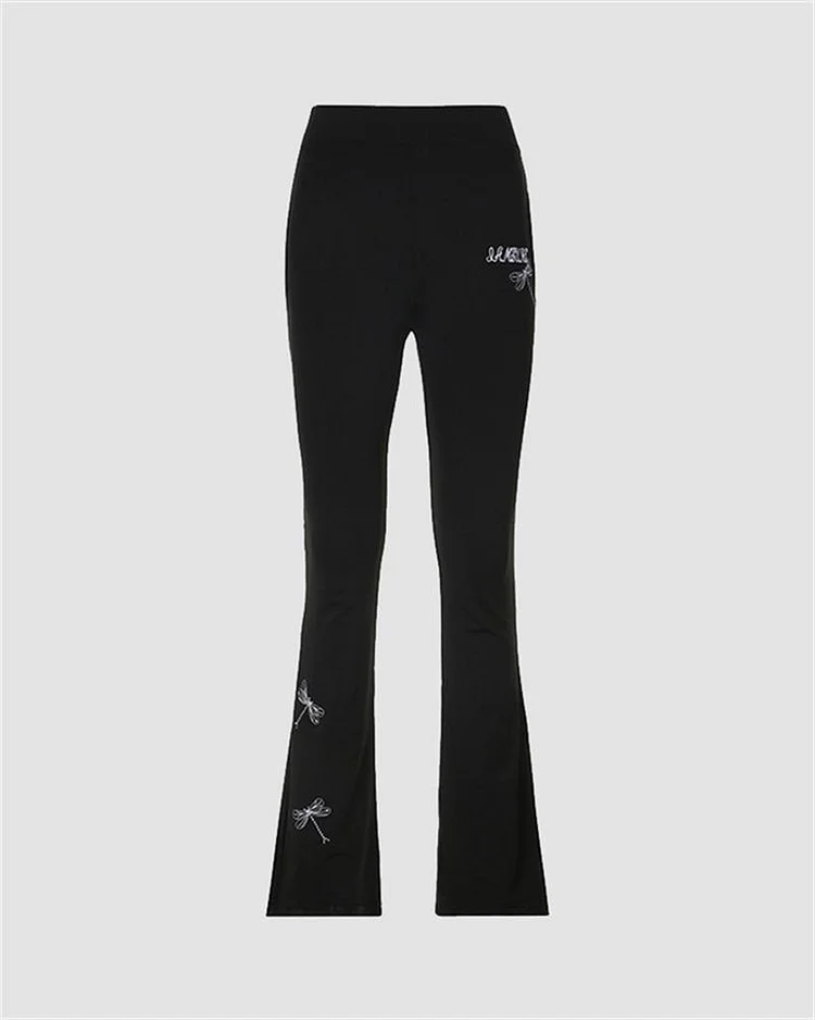 Dragonfly Embroidered Skinny Fared Pants