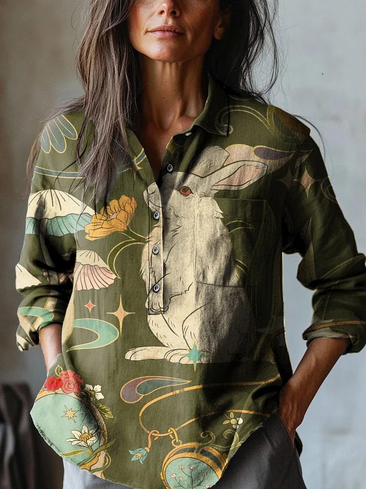 Women's Vintage Rabbit Art Print Casual Cotton And Linen Shirt