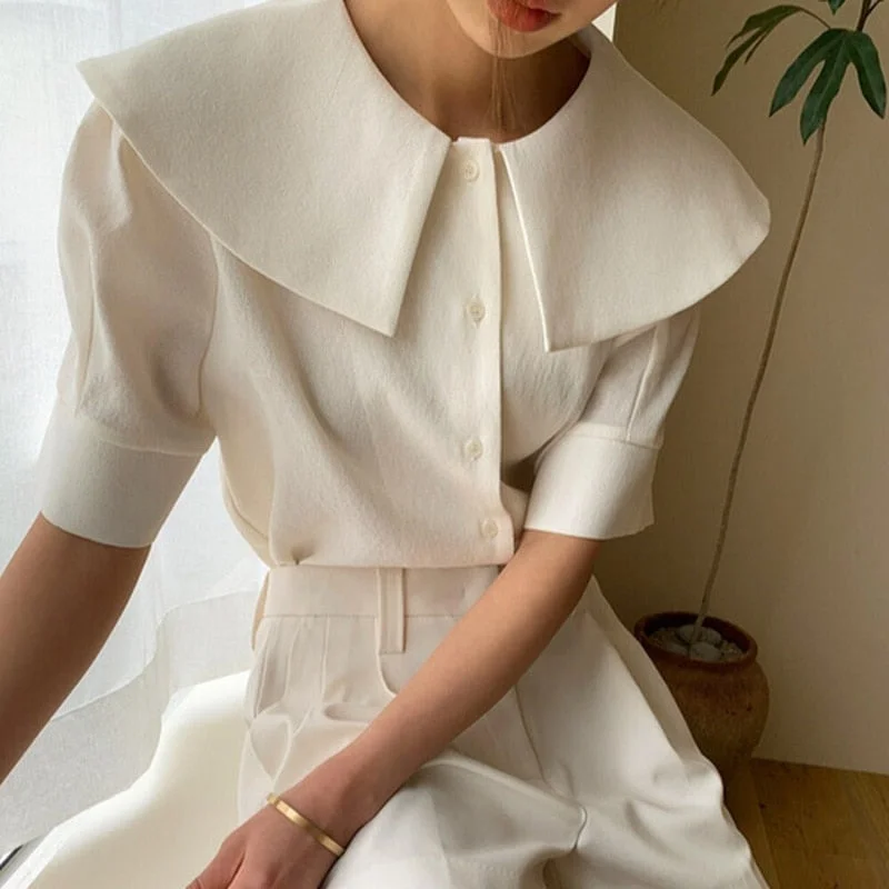 Summer Short Sleeve Blouses Women Vintage Loose White Shirt Women Elegant Turn-down Collar Button Up Shirts Tops Blusas 14383